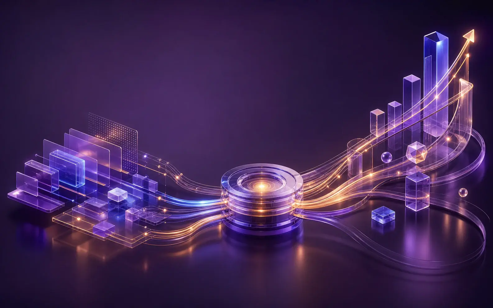 An abstract digital system connecting product building, automated workflows and business growth.